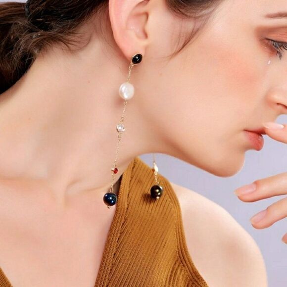 Pearl Crystal Rhinestone Gold Drop Dangle Earrings - Picture 3 of 12